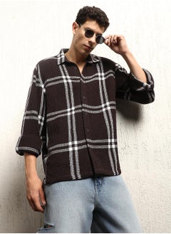 Hubberholme Brown Tartan Check Oversized Shirt for Men, Spread Collar, Full Sleeves, Cotton Blend  - Image 1