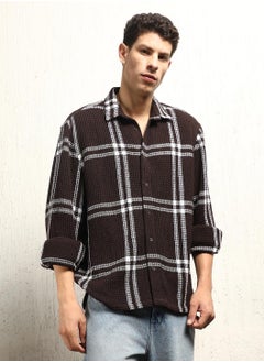 Hubberholme Brown Tartan Check Oversized Shirt for Men, Spread Collar, Full Sleeves, Cotton Blend  - Image 2