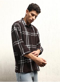 Hubberholme Brown Tartan Check Oversized Shirt for Men, Spread Collar, Full Sleeves, Cotton Blend  - Image 3
