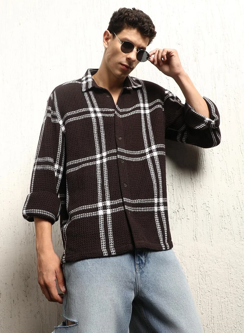 Brown Tartan Check Oversized Shirt for Men, Spread Collar, Full Sleeves, Cotton Blend