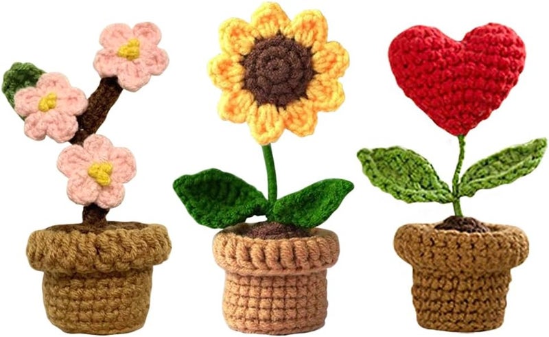Yangshine 3pcs Mini Pot Flowers Handmade Crochet Hand Knitted Plum Blossoms for Home Office Car Dashboard Decoration Color #8 YSFZH09-8 - Image 1