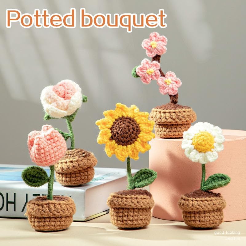 Yangshine 3pcs Mini Pot Flowers Handmade Crochet Hand Knitted Plum Blossoms for Home Office Car Dashboard Decoration Color #8 YSFZH09-8 - Image 5