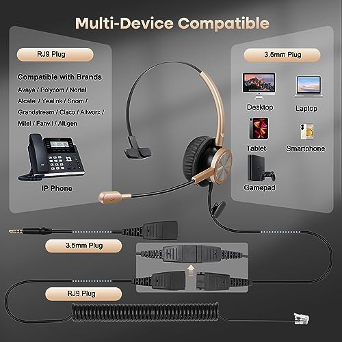 MAIRDI Phone Headset with RJ9 & 3.5mm Jacks for Call Center Office Deskphone Cell Phone PC Laptop, Landline Telephone Headset with Microphone Noise Canceling for Polycom Avaya Nortel - Image 3