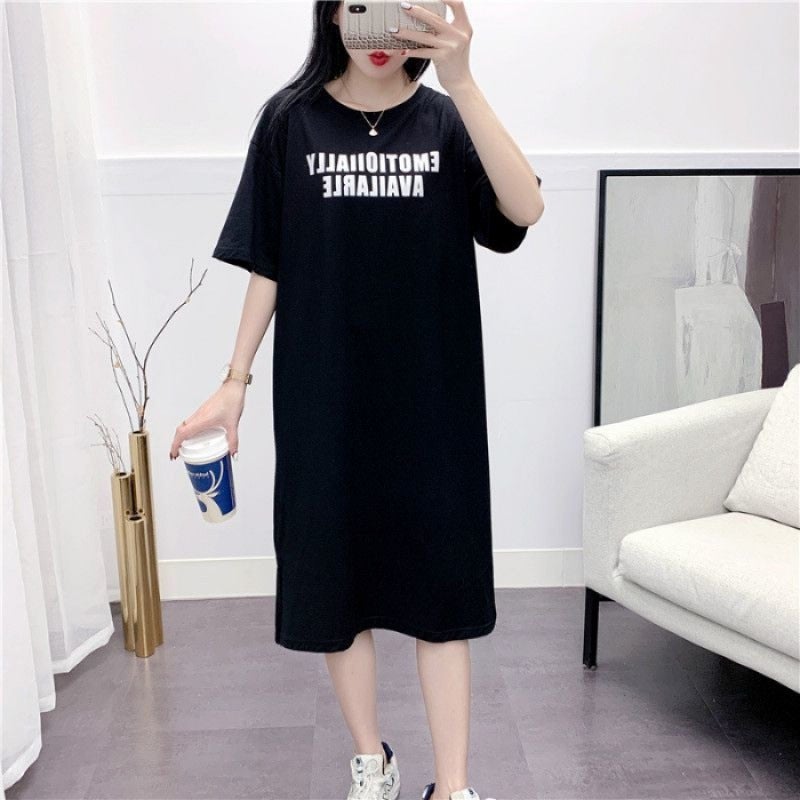 2024 Summer Casual Korean T-shirt Dress for Women Black