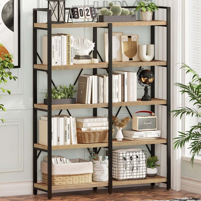 FATORRI Bookshelf Industrial 5 Tier Rustic Wood Etagere Bookcase Metal Tall Book Shelf with Large Open Shelving Unit Rustic Oak 51 Inch Wide