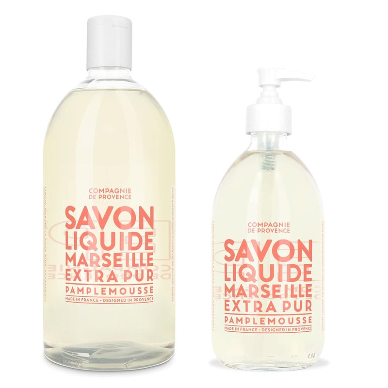La Compagnie de Provence Compagnie de Provence Savon de Marseille Extra Pure Liquid Soap - Pink Grapefruit - 16.9 Fl Oz Glass Pump Bottle and 33.8 fl oz Plastic Bottle Refill