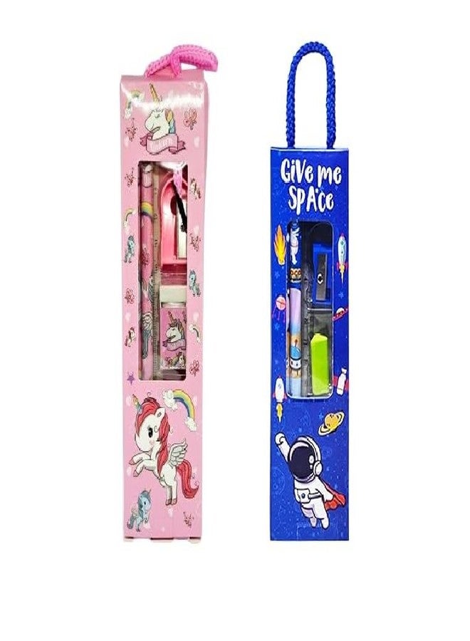 Eclet 2-Set Kids Stationery Combo - Space & Unicorn Themes - Includes 4 Pencils, 2 Erasers, 2 Sharpeners & 2 Rulers-Perfect Birthday Return Gift for Boys & Girls - Image 2