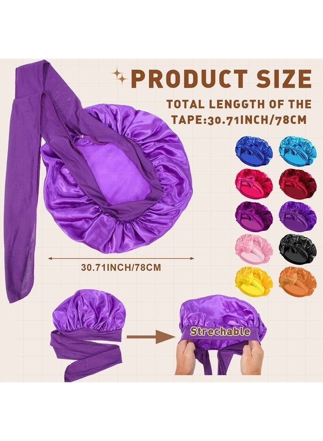 Yahenda 10 Pcs Large Satin Bonnet Soft Silky Bonnet Hair Wrap for Sleeping Adjustable Hair Scarf for Women Men Silky Bonnet for Curly Hair Stretchy for Long, Natural, Braid at Night, 10 Colors - Image 2