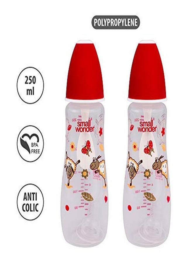 Small Wonder Baby Feeding Bottle Slim Neck Candy 250 ml Pack of 2, Animal & Birds Print, with Anti Colic Nipple with Feeding Spoon, New Born/Infants/Toddler Upto 3 Years, BPA Free, Red Colour - Image 2