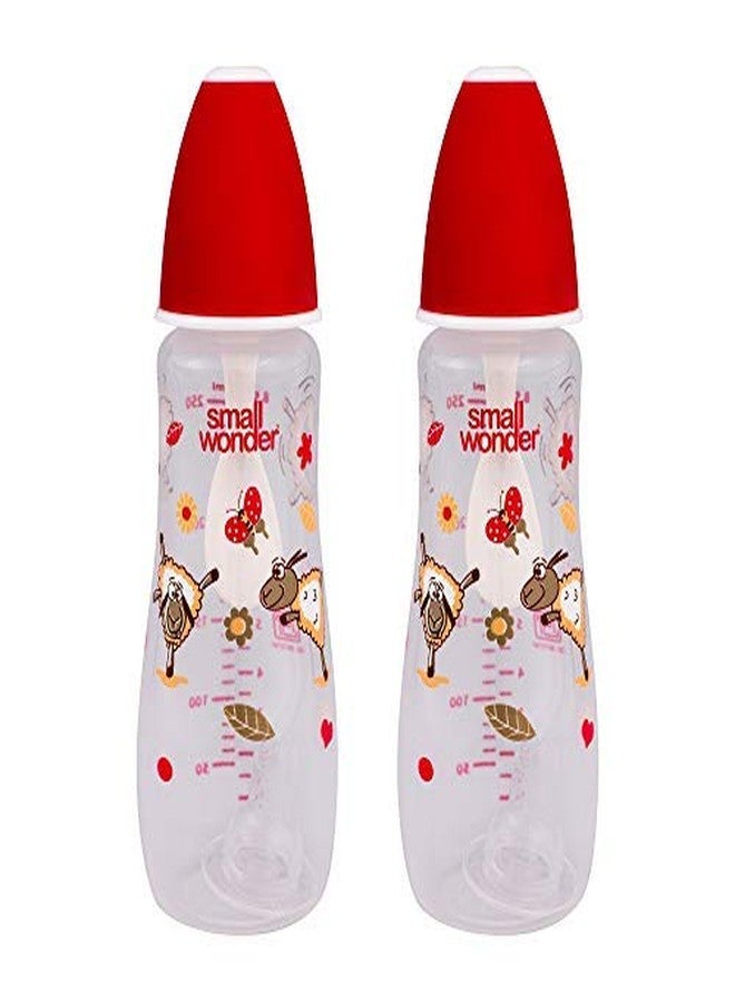 Small Wonder Baby Feeding Bottle Slim Neck Candy 250 ml Pack of 2, Animal & Birds Print, with Anti Colic Nipple with Feeding Spoon, New Born/Infants/Toddler Upto 3 Years, BPA Free, Red Colour - Image 1