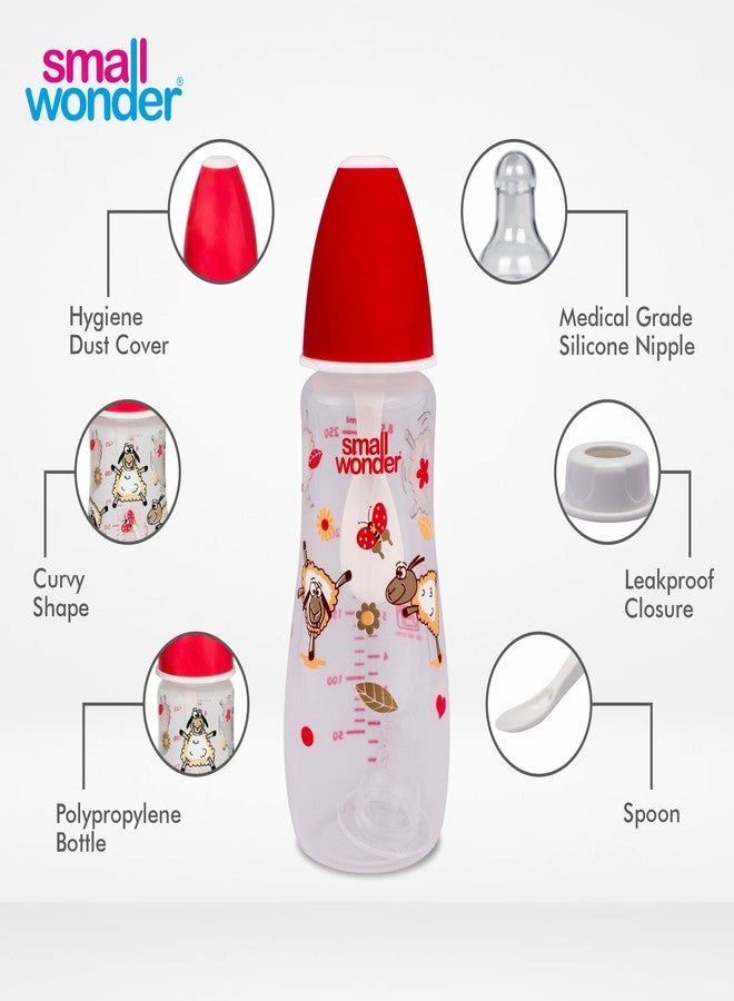 Small Wonder Baby Feeding Bottle Slim Neck Candy 250 ml Pack of 2, Animal & Birds Print, with Anti Colic Nipple with Feeding Spoon, New Born/Infants/Toddler Upto 3 Years, BPA Free, Red Colour - Image 4