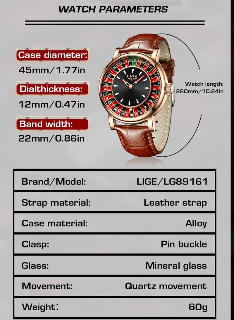 لييج ساعات رجالية فاخرة بتصميم لعبة الإبداعية، ساعة كوارتز كاجوال مقاومة للماء من الجلد البني والذهبي الوردي للرجال - Image 3