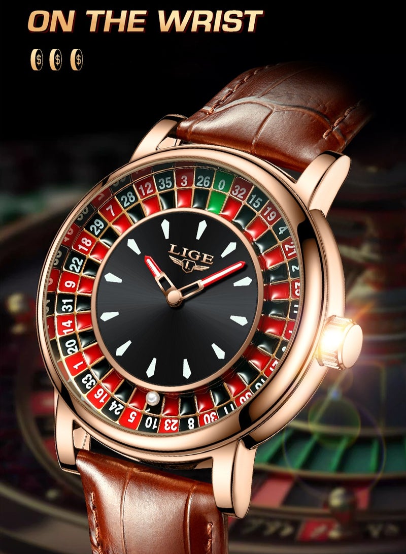 لييج ساعات رجالية فاخرة بتصميم لعبة الإبداعية، ساعة كوارتز كاجوال مقاومة للماء من الجلد البني والذهبي الوردي للرجال - Image 4