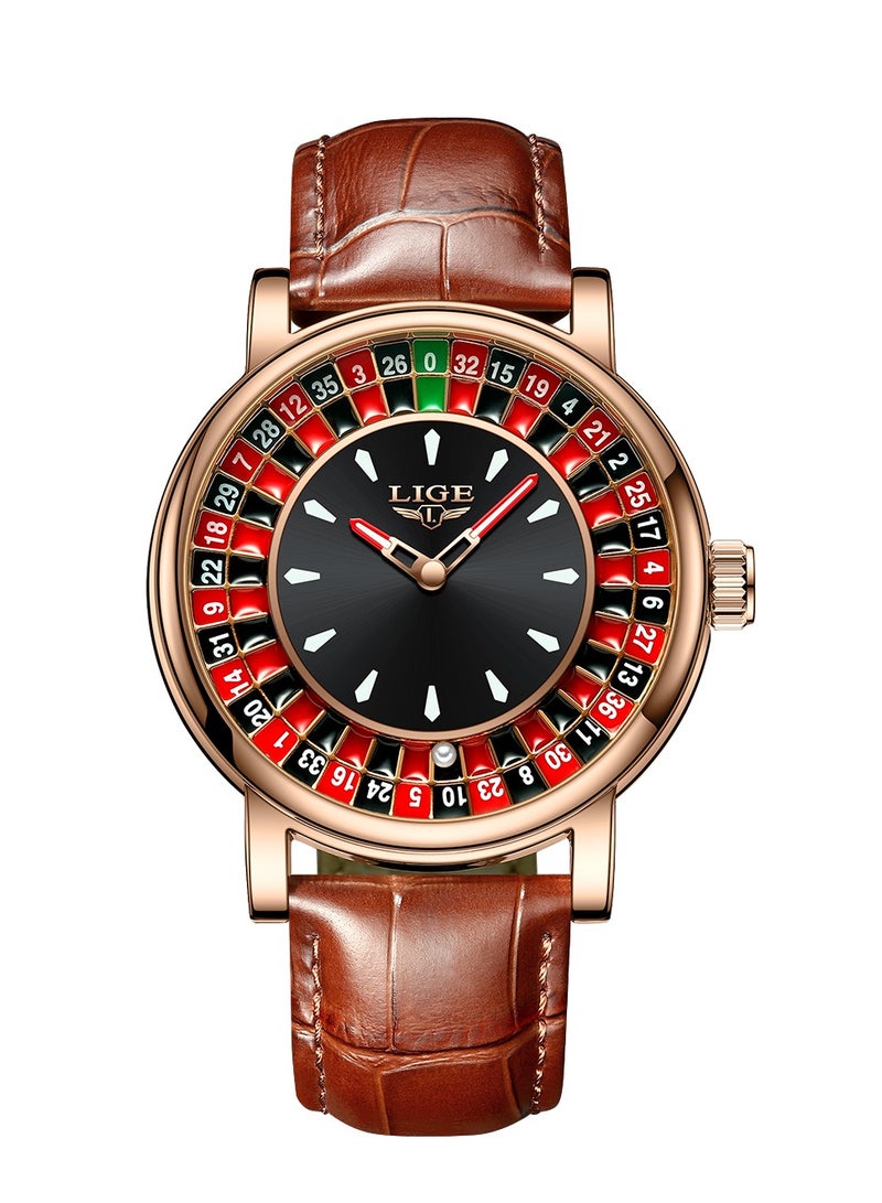 لييج ساعات رجالية فاخرة بتصميم لعبة الإبداعية، ساعة كوارتز كاجوال مقاومة للماء من الجلد البني والذهبي الوردي للرجال - Image 1