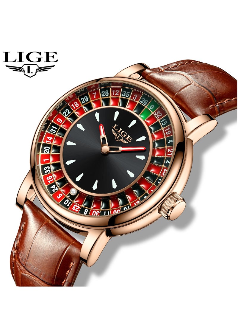 لييج ساعات رجالية فاخرة بتصميم لعبة الإبداعية، ساعة كوارتز كاجوال مقاومة للماء من الجلد البني والذهبي الوردي للرجال - Image 2
