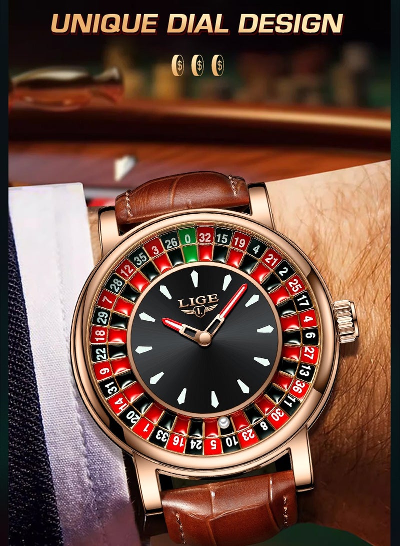 لييج ساعات رجالية فاخرة بتصميم لعبة الإبداعية، ساعة كوارتز كاجوال مقاومة للماء من الجلد البني والذهبي الوردي للرجال - Image 5