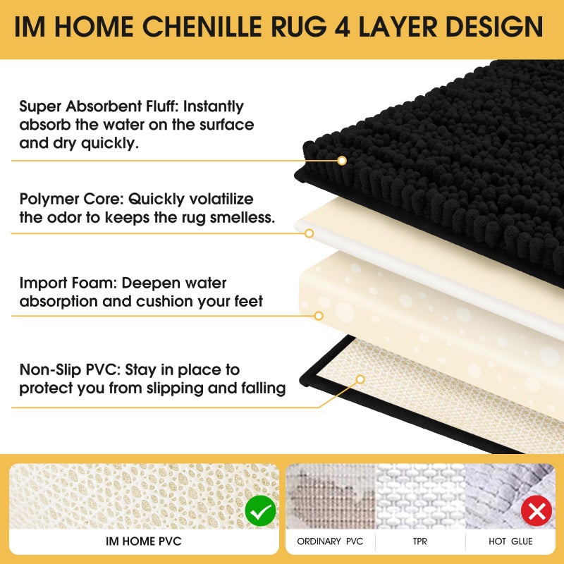 ACCUMTEK Upgrade Extra Large Black Bathroom Rug Set 3 Pieces Ultra Soft, Thick Absorbent Bath Mats, Non Slip Chenille Toilet Mat for Bathroom, Bedroom, Kitchen - Image 5
