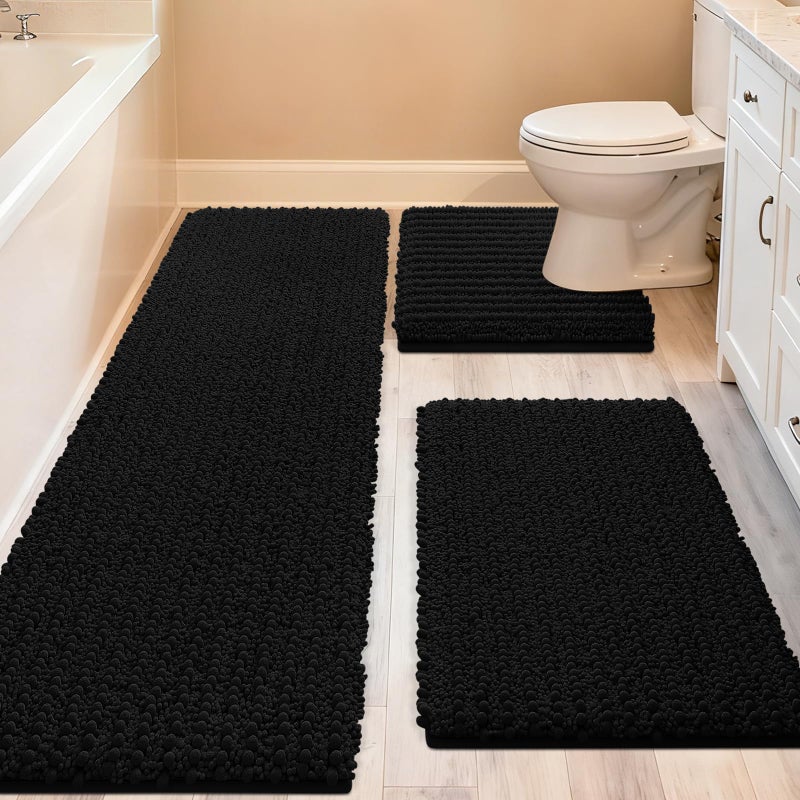 ACCUMTEK Upgrade Extra Large Black Bathroom Rug Set 3 Pieces Ultra Soft, Thick Absorbent Bath Mats, Non Slip Chenille Toilet Mat for Bathroom, Bedroom, Kitchen - Image 1