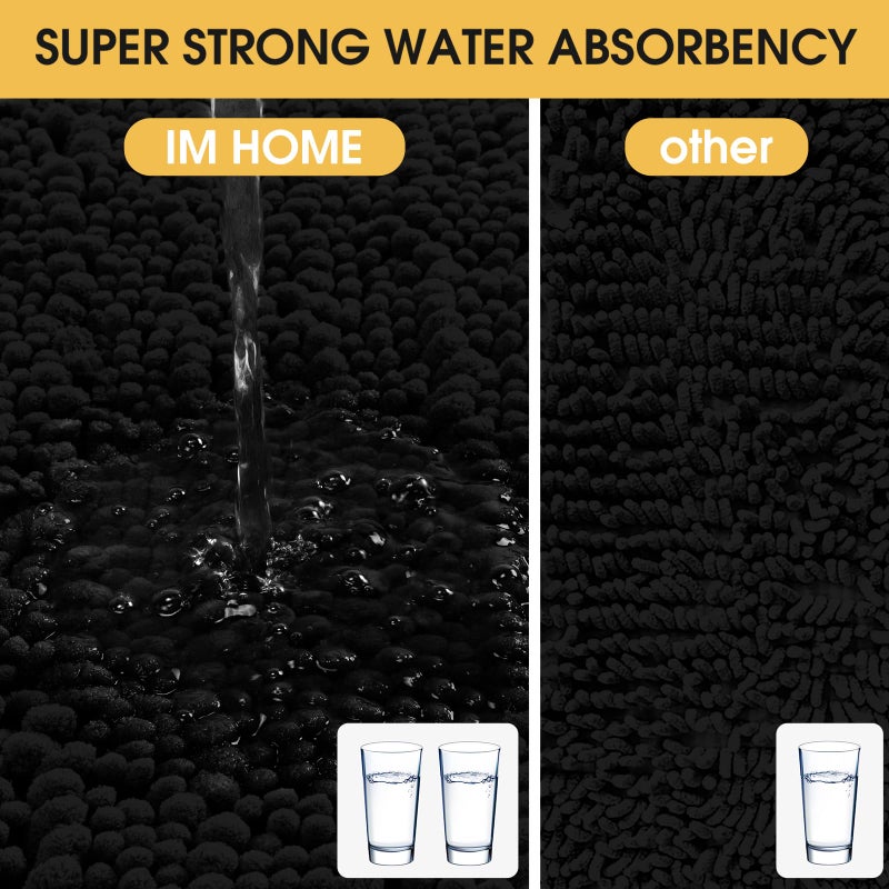 ACCUMTEK Upgrade Extra Large Black Bathroom Rug Set 3 Pieces Ultra Soft, Thick Absorbent Bath Mats, Non Slip Chenille Toilet Mat for Bathroom, Bedroom, Kitchen - Image 4