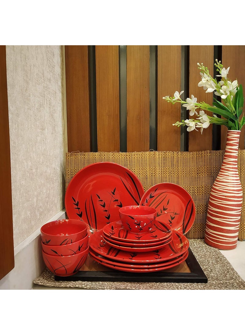 Caffeine Caffeine Ceramic Handmade Red Bamboo Combo Dinner Set (12 pcs.)  - Image 1