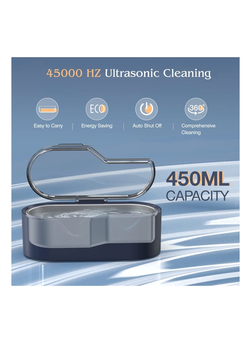 SOLARAE Jewelry Ultrasonic Cleaner,Professional Cleaning Machine for All Jewelry SUS 304 Tank, 45kHz Portable Household Cleaner for Eyeglasses, Watches, Rings, Necklaces, Dentures  450ml, Navy Blue - Image 3