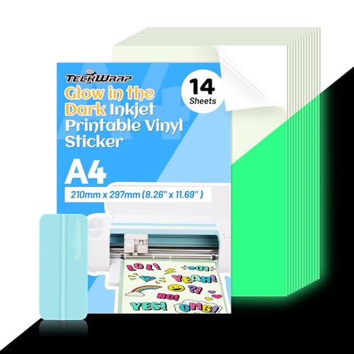 TECKWRAP Printable Vinyl Sticker Paper for Inkjet Printer, Glow in the Dark Vinyl Inkjet Printable Sticker Paper, 8.26" x 11.69" A4 Size for Scrap-booking, Craft Cutters, Home Decor, 14 Sheets/Pack - Image 1