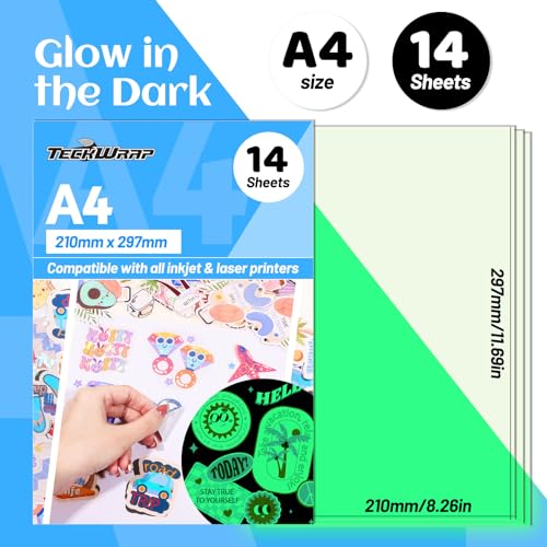 TECKWRAP Printable Vinyl Sticker Paper for Inkjet Printer, Glow in the Dark Vinyl Inkjet Printable Sticker Paper, 8.26" x 11.69" A4 Size for Scrap-booking, Craft Cutters, Home Decor, 14 Sheets/Pack - Image 2