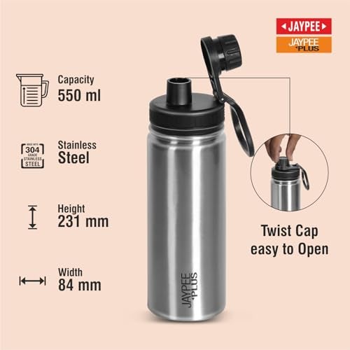 Jaypee Plus Hylux ISI Certified Vaccum Insulated Thermosteel 550 ml Water Bottle 24 Hours Hot and Cold Double Walled Anti Skid Rustproof Leakproof Bottle for Office, School, Gym, Trekking,SS Finish - Image 3