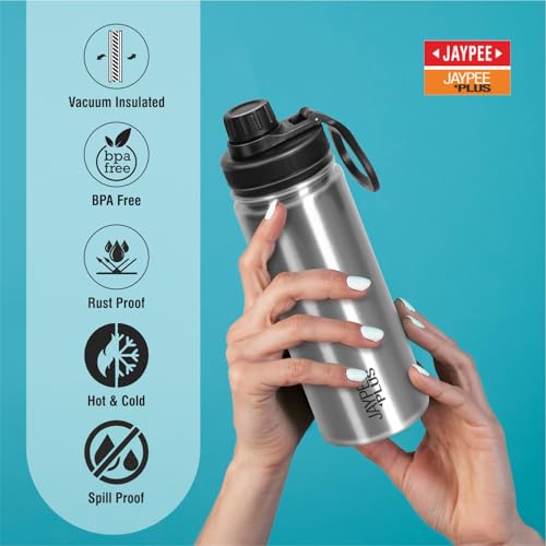 Jaypee Plus Hylux ISI Certified Vaccum Insulated Thermosteel 550 ml Water Bottle 24 Hours Hot and Cold Double Walled Anti Skid Rustproof Leakproof Bottle for Office, School, Gym, Trekking,SS Finish - Image 2