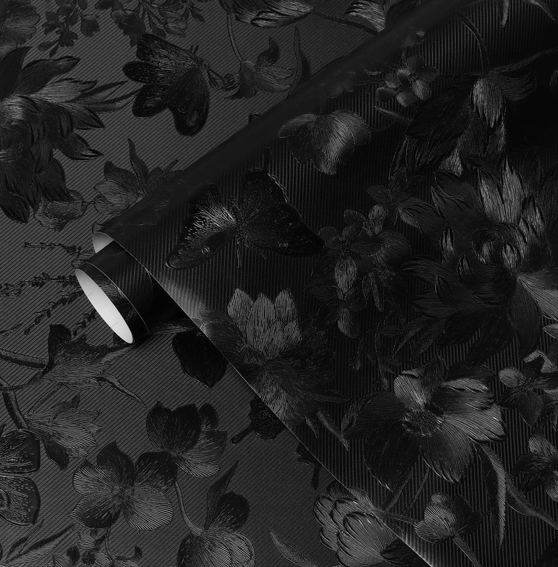 Erfoni 118"x15.7" Black Wall Paper Embossed Floral Peel and Stick Wallpaper Vintage Black Flower Textured Embossed Contact Paper DIY Removable Self Adhesive Wallpaper for Countertop Cabinets Decor - Image 1