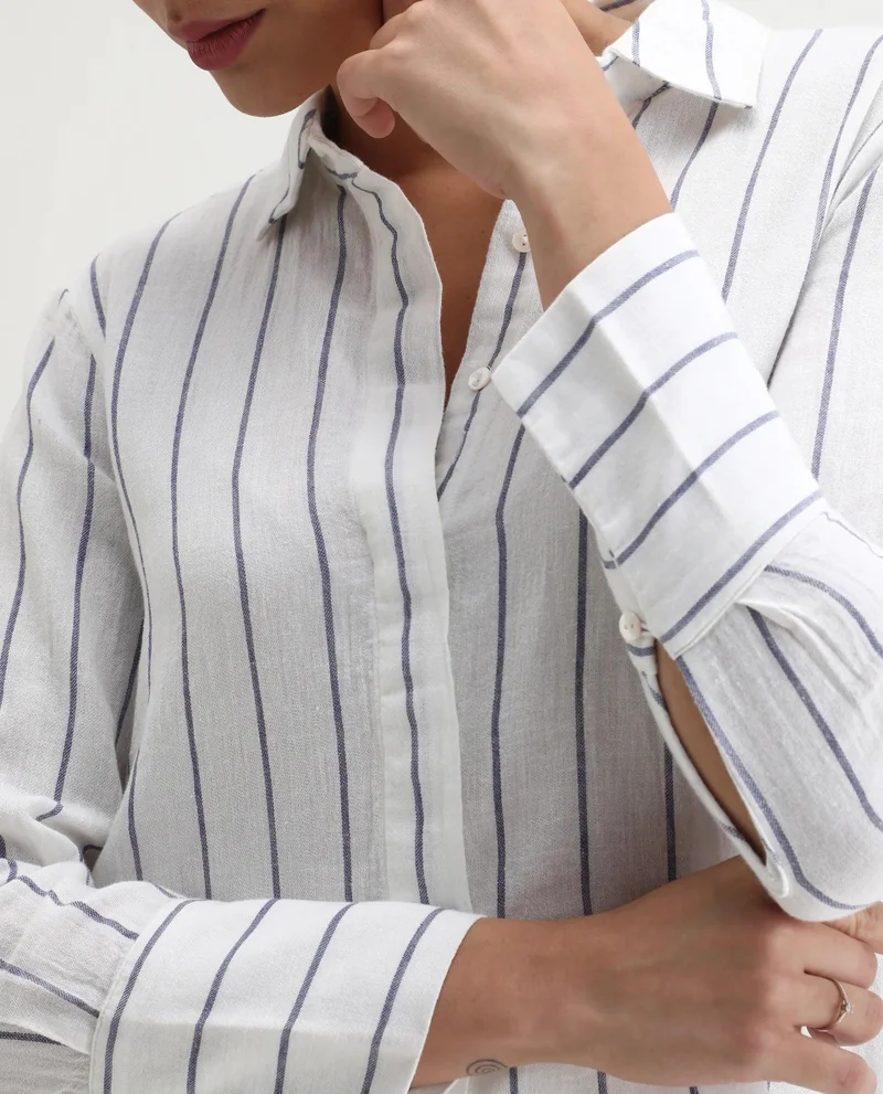Rareism Women's High Low 100% Linen Stripe Shirt