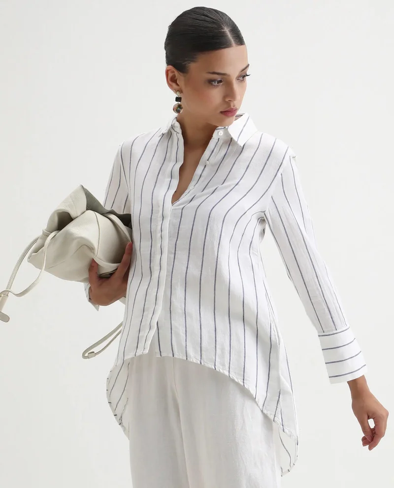 Rareism Women's High Low 100% Linen Stripe Shirt