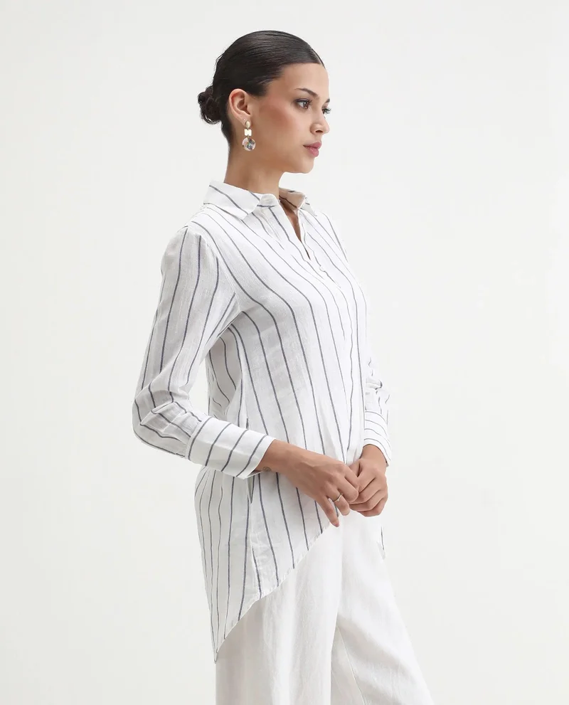 Rareism Women's High Low 100% Linen Stripe Shirt