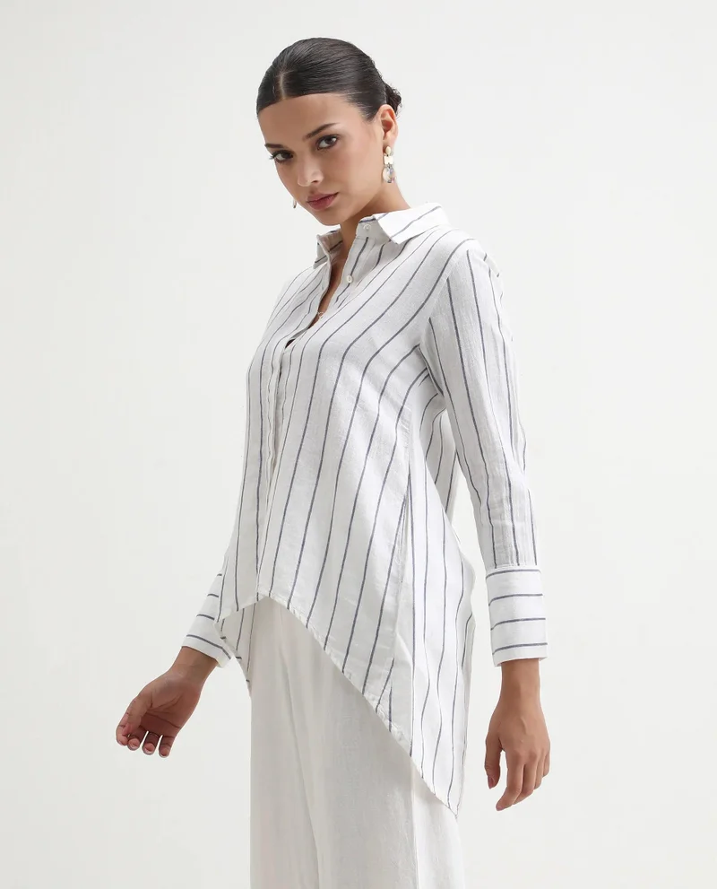 Rareism Women's High Low 100% Linen Stripe Shirt