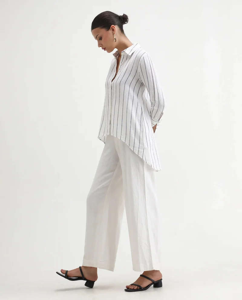 Rareism Women's High Low 100% Linen Stripe Shirt