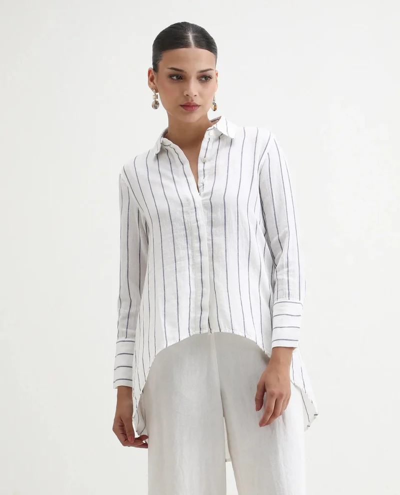 Rareism Women's High Low 100% Linen Stripe Shirt