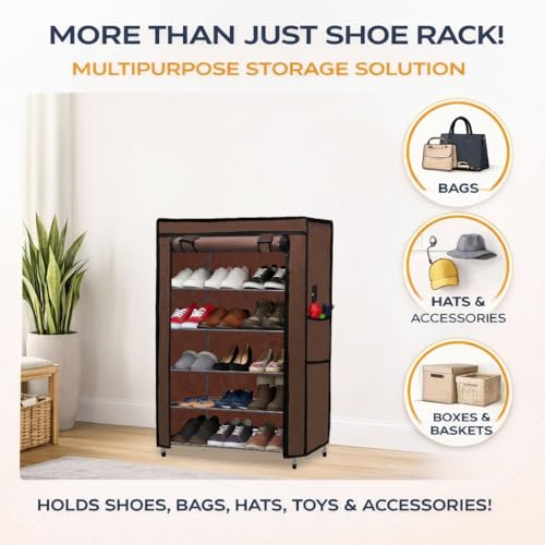 SANAMSTORE® Multipurpose Rustproof Shoe Rack Metal, Plastic Shoe Rack, Foldable Wide Storage Rack for Shoes. Toys, Easy to Move & Assemble (Rustproof)(5 Shelves)(Brown), Cm - Image 2