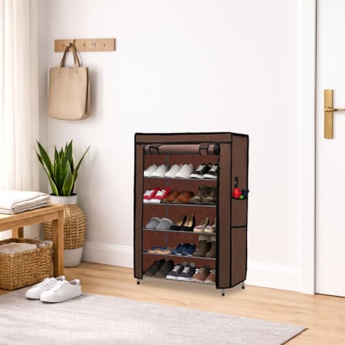 SANAMSTORE® Multipurpose Rustproof Shoe Rack Metal, Plastic Shoe Rack, Foldable Wide Storage Rack for Shoes. Toys, Easy to Move & Assemble (Rustproof)(5 Shelves)(Brown), Cm - Image 1