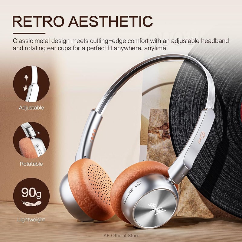 iKF R1 Wireless Bluetooth Headphones, Retro Classic Lightweight Headset, Builti-in Mic, 60H Playback, Dual Device Connectivity, Low Latency, App Customization,Throwback 80s 90s,OOTD, Brown - Image 2