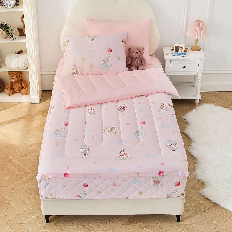 Bestier Twin Size 4Pcs Kids Comforter Sets, Zipper Bedding Set for Girls, Kids Bedding Set Cartoon Comforter for Kid, Zipper Bedding Certified - OEKO-TEX100, (Light Pink, Twin, 39"x75") - Image 1