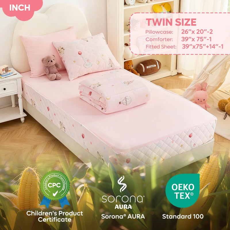 Bestier Twin Size 4Pcs Kids Comforter Sets, Zipper Bedding Set for Girls, Kids Bedding Set Cartoon Comforter for Kid, Zipper Bedding Certified - OEKO-TEX100, (Light Pink, Twin, 39"x75") - Image 3