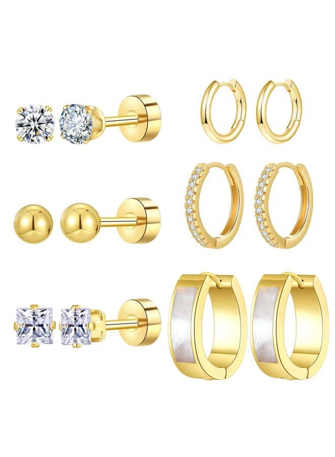 Cuicanstar Stainless Steel Gold/Silver Plated Hoop Earrings for Women, Hypoallergenic 14k Gold Hoops Huggie Earrings Lightweight Cartilage Small CZ Ball Flatback Studs Earring Pack for Multiple Piercing, 22/16mm - Image 1