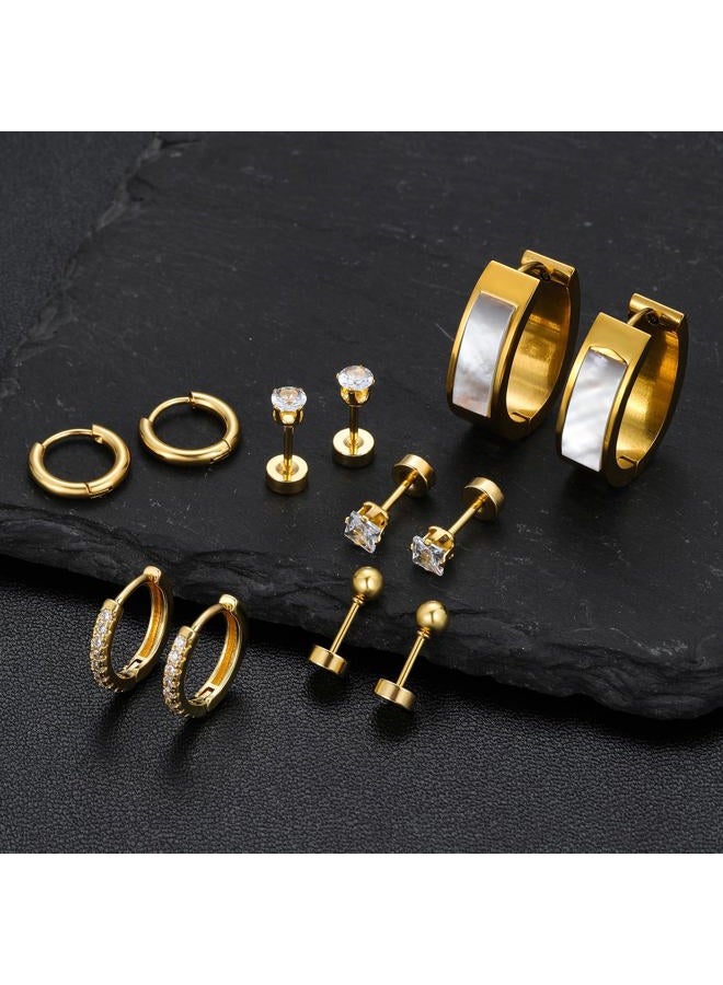 Cuicanstar Stainless Steel Gold/Silver Plated Hoop Earrings for Women, Hypoallergenic 14k Gold Hoops Huggie Earrings Lightweight Cartilage Small CZ Ball Flatback Studs Earring Pack for Multiple Piercing, 22/16mm - Image 5