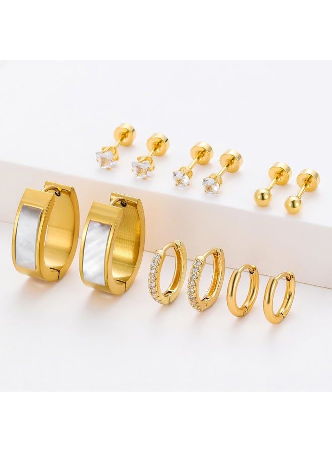 Cuicanstar Stainless Steel Gold/Silver Plated Hoop Earrings for Women, Hypoallergenic 14k Gold Hoops Huggie Earrings Lightweight Cartilage Small CZ Ball Flatback Studs Earring Pack for Multiple Piercing, 22/16mm - Image 4