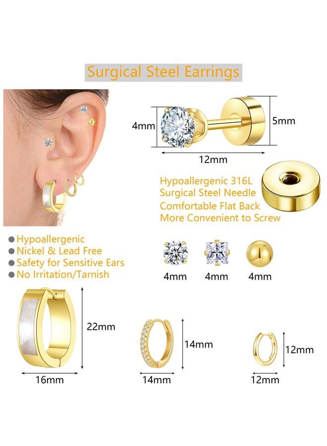 Cuicanstar Stainless Steel Gold/Silver Plated Hoop Earrings for Women, Hypoallergenic 14k Gold Hoops Huggie Earrings Lightweight Cartilage Small CZ Ball Flatback Studs Earring Pack for Multiple Piercing, 22/16mm - Image 3