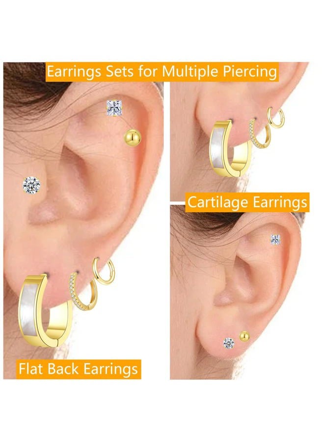Cuicanstar Stainless Steel Gold/Silver Plated Hoop Earrings for Women, Hypoallergenic 14k Gold Hoops Huggie Earrings Lightweight Cartilage Small CZ Ball Flatback Studs Earring Pack for Multiple Piercing, 22/16mm - Image 2