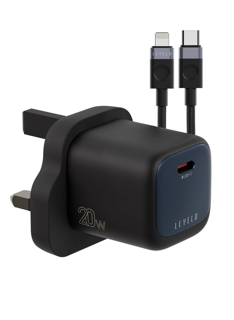 LEVELO Vero GaN Single Port Adapter PD 20W With Type-C to Lightning Cable / GaN Wall Charger / Fast Charging / Cable Included / Type-C Port - Black/Blue - Image 1