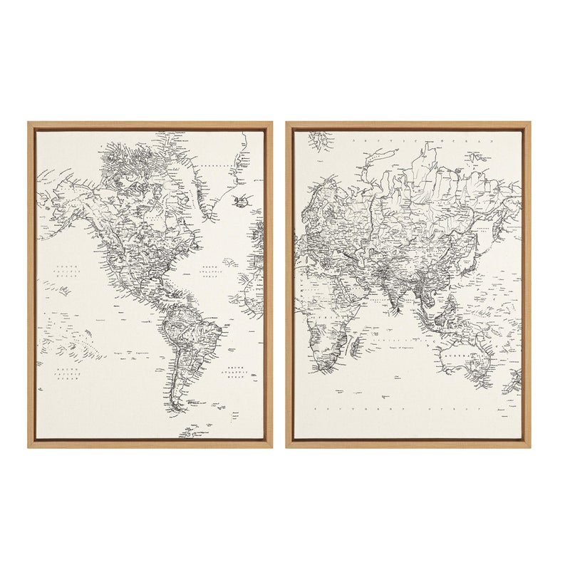 Kate and Laurel Sylvie Vintage Black and White World Map Framed Canvas Wall Art Set by The Creative Bunch Studio 2 Piece 18x24 Natural Chic Map Art for Wall
