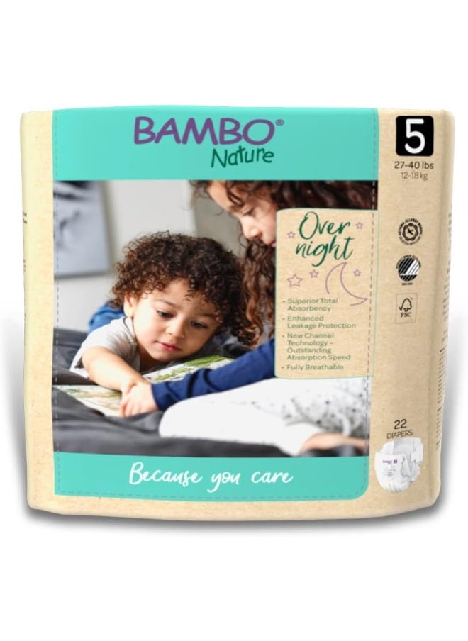 BAMBO NATURE Bambo Nature Overnight Nappies, Eco-Labelled Nappies, Enhanced Leakage Protection For Dry Night’s Sleep, Secure & Comfortable Overnight Baby Nappies, Ultra Absorption, Size 5 Nappies (12-18g), 22PK  - Image 1