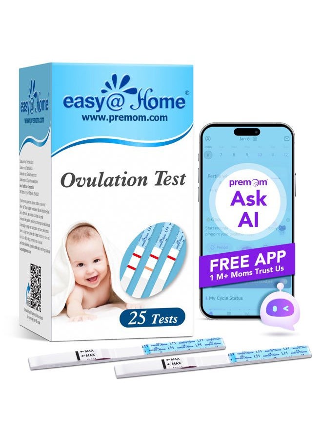 Easy@Home - شرائط اختبار الإباضة، 25 عبوة من اختبارات الخصوبة، مجموعة أدوات توقع الإباضة، مدعومة بتطبيق Premom Vovulation Predictor iOS وAndroid، 25 شريط LH - Image 1